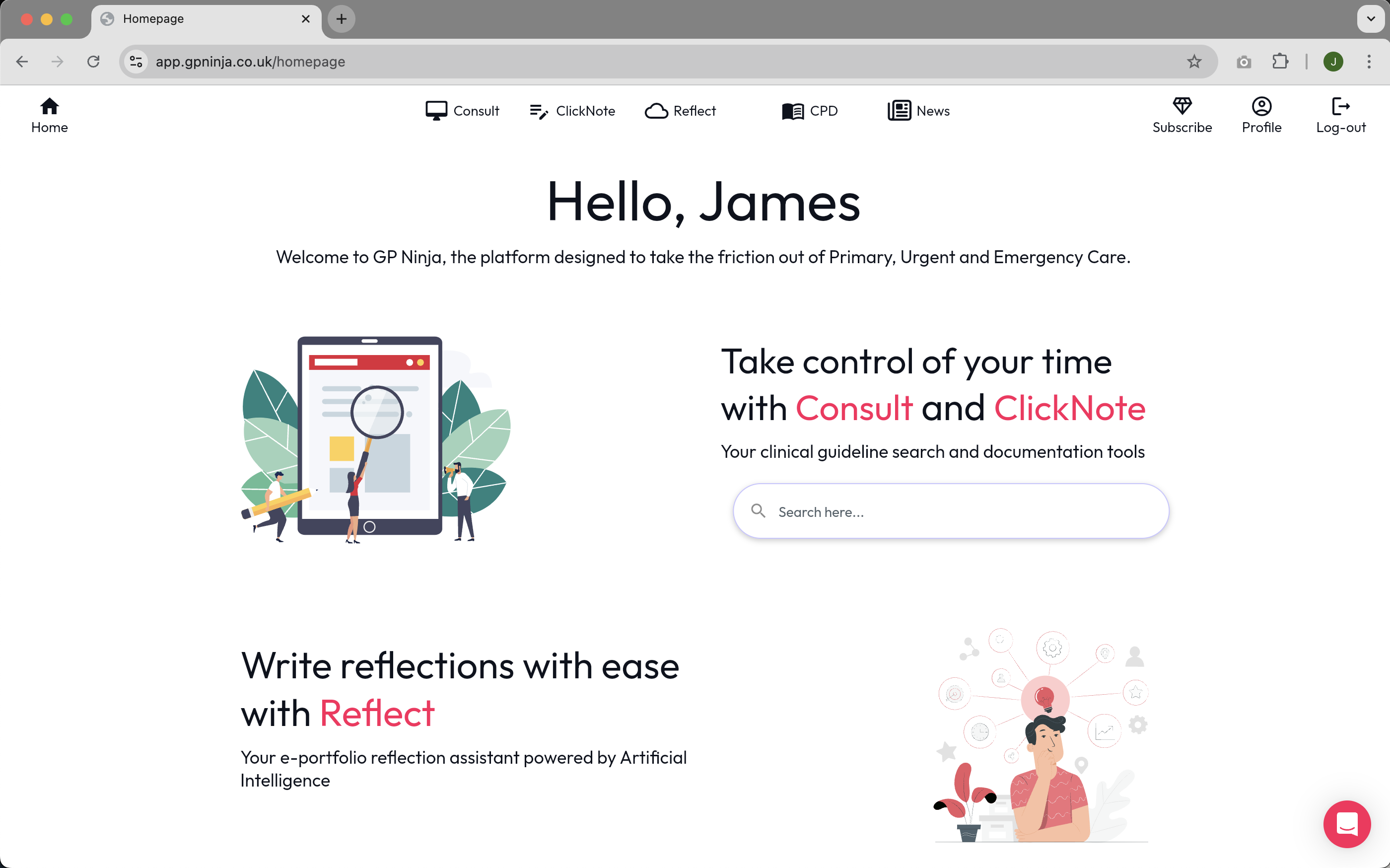 GP Ninja home screen: Consult, ClickNote, Reflect, CPD and News in one place